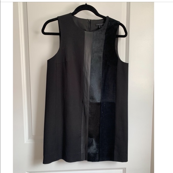 Theory Elso Calf Hair Suede Leather Panel Shift Dress Black Size 4 ($615 Retail) - Picture 4 of 11